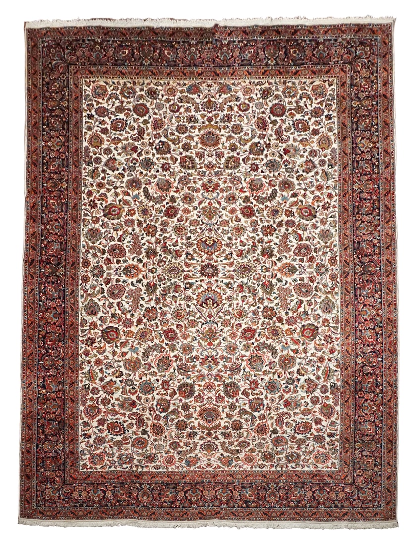 11X16 Persian Tabriz Wool & Silk Fine Area Rug: Size: 11' x 15'8" Origin: Iran Age: 2000's Condition: Excellent Field Color: Ivory Border Color: Black Accent Color: Rust, Brown, Olive-Green, Raspberry-Red, Gold Technique: Hand-Knotted Pile: Wool & 