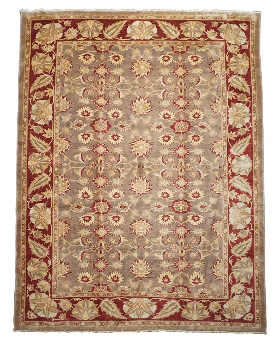10X13 Fine Light-Brown Oushak: Size: 10'2" x 12'9" Country of Origin: India Age: New Condition: Excellent Field Color: Light-Brown Border Color: Cherry-Red Accent Color: Gold, Light-Green, Copper, Ivory Technique: Hand-Knotted Pile