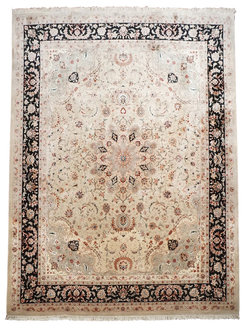 12X15 Vintage Wool & Silk Tabriz Rug 300 KPSI, circa 1990: Size: 12' x 15'2" Country of Origin: China Age: 1990 Condition: Excellent Field Color: Pale-Green Camel Border Color: Black Accent Color: Light-Green, Plum, Burgundy, Hunter-Green, Light-Brown, Dusty-