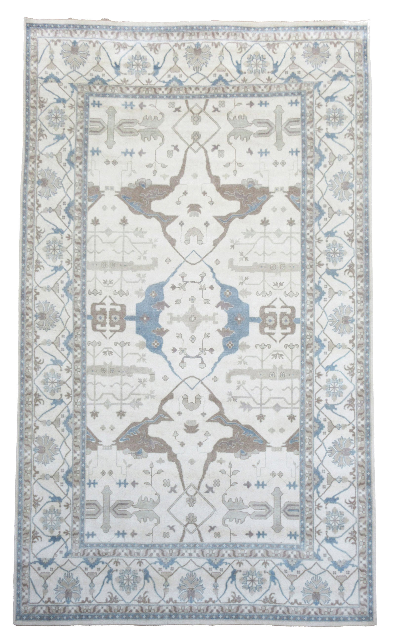12X19 Ivory Oushak Area Rug: Hand-knotted, wool pile on a cotton foundation. Dimensions: 12'2" x 19'4" Origin: India Field Color: Ivory Border Color: Ivory Accent Colors: Brown, Light-Blue SKU: 88.37-03.02.22-12X19-129-AM076-ETMK