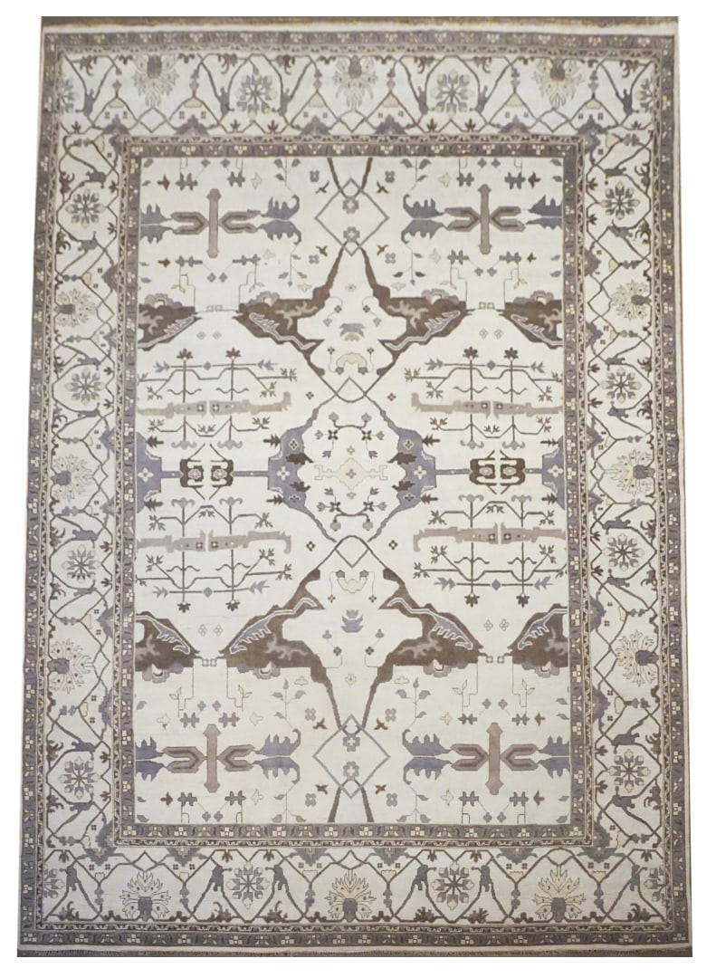 12X18 Ivory Oushak Area Rug: Hand-knotted wool pile on a cotton foundation. Dimensions: 12'2" x 20'8" Origin: India Field Color: Ivory Border Color: Ivory Accent Colors: Gray, Brown, Beige, Olive SKU: 69.3-11.16.20-12X18-111-AJ11