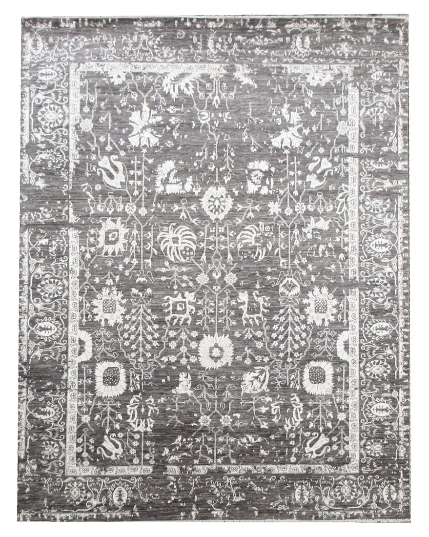 10X14 Fine Wool & Silk Modern Broken Design: Hand-knotted wool and silk pile on a cotton foundation. Dimensions: 10? x 14? Origin: India Field Color: Charcoal Border Color: Charcoal Accent Color: Silver Note: Photos are as accurate as possible; 