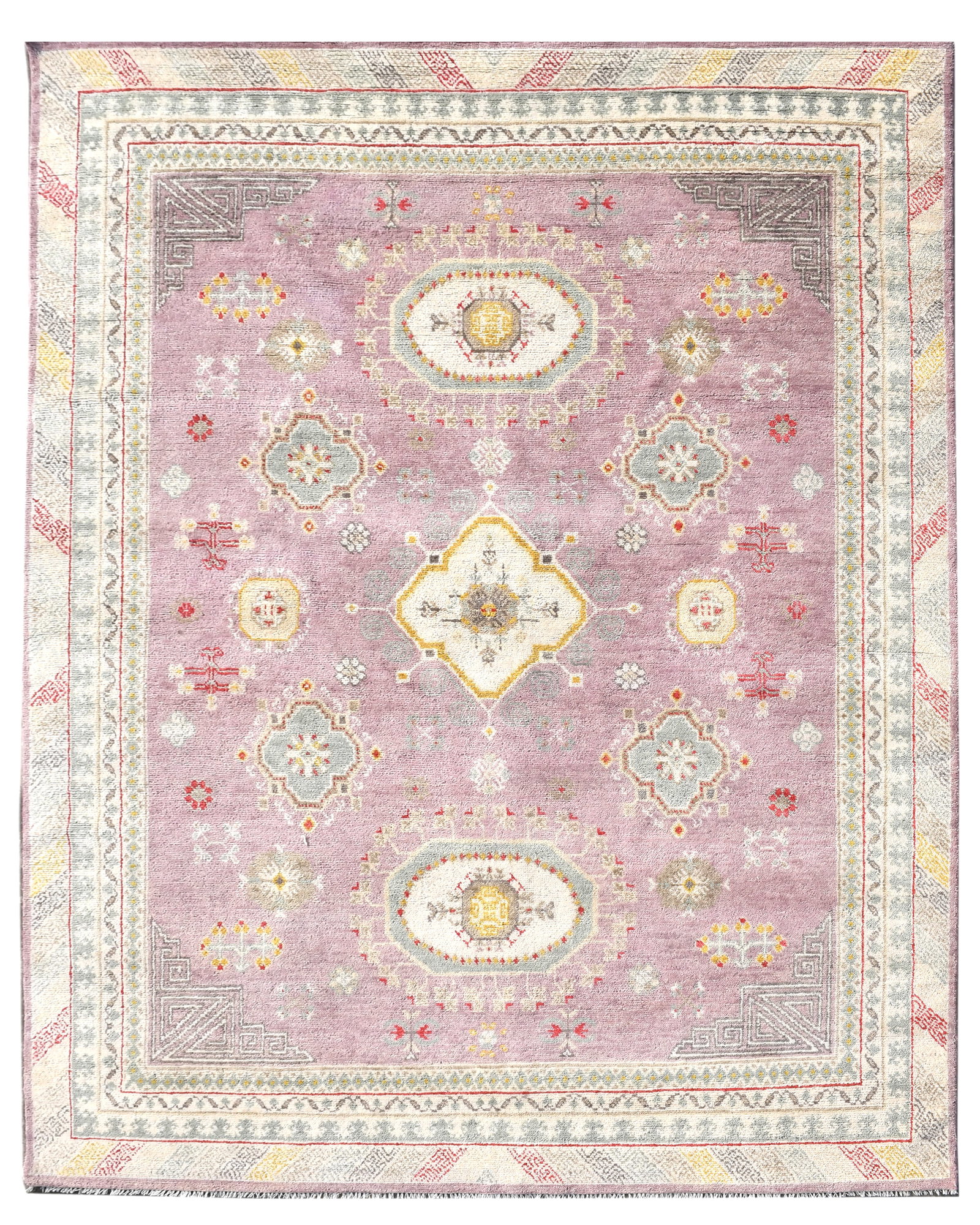 9X12 Khotan Hand-Knotted Wool Mauve Area Rug: Hand-knotted wool pile on a cotton foundation. Dimensions: 9'2" x 12'1" New Origin: India Field Color: Mauve Border Color: Ivory Accent Colors: Red, Yellow, Gray, Blue SKU: 111.02-11.12.24-9X12-54-AQ