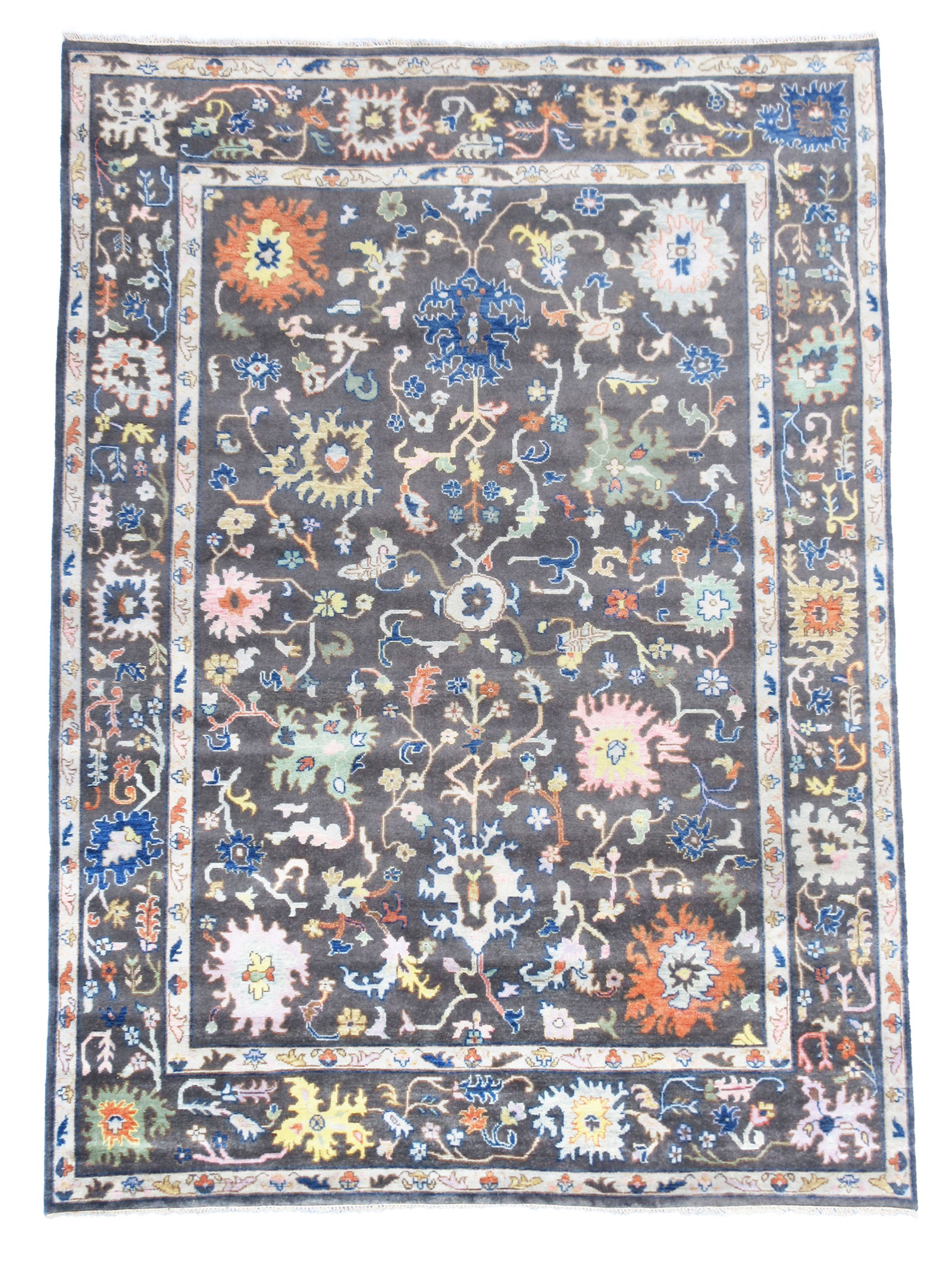 10X14 Gray Oushak Hand-Knotted Wool Rug: Hand-knotted, wool pile on a cotton foundation. Dimensions: 10'2" x 13'7" Origin: India Field Color: Gray Border Color: Gray Accent Colors: Ivory, Blue, Orange, Yellow SKU: 89.14-06.22.22-10X14-95-AM1