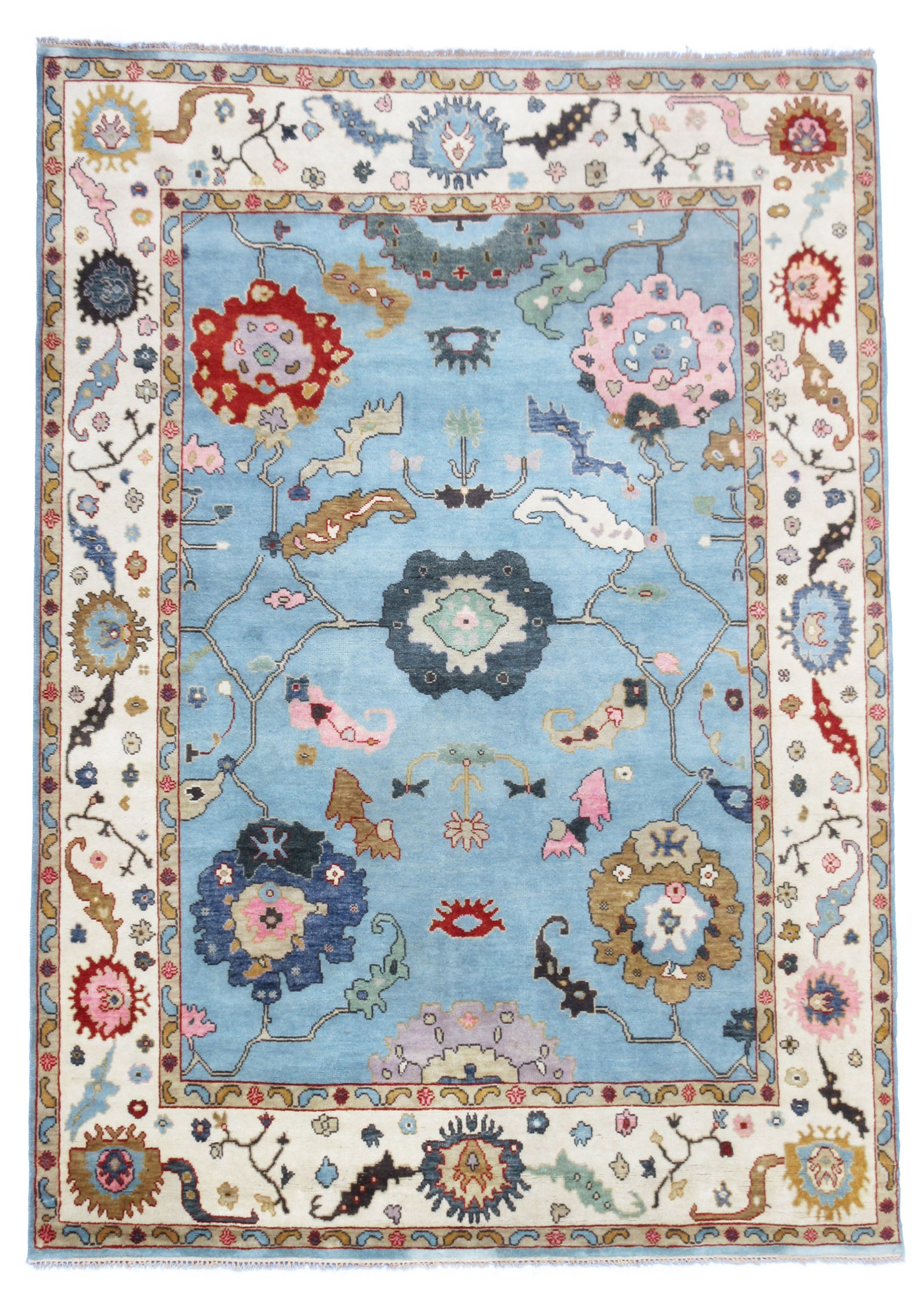 9X12 Light-Blue Oushak Hand-Knotted Wool Rug: Hand-knotted, wool pile on a cotton foundation. Dimensions: 9'3" x 11'9" Origin: India Field Color: Light-Blue Border Color: Ivory Accent Colors: Tan, Pink SKU: 89.18-06.22.22-9X12-65-AM170-ETMK