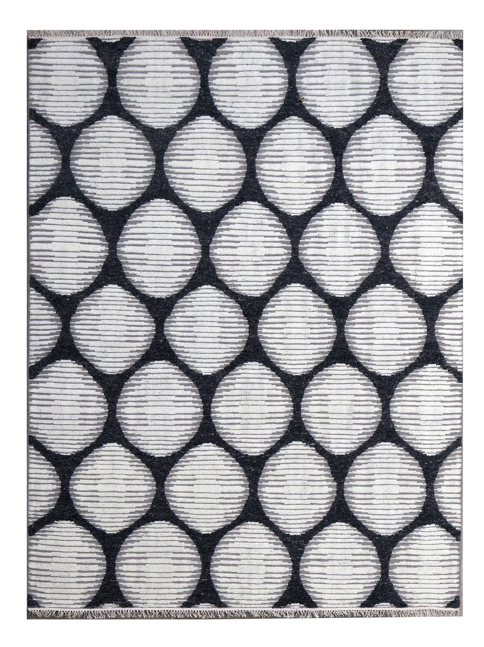 8X10 Fine Black & White Modern High-Low Hand-Knotted Area Rug: Hand-knotted, high-low wool pile on a cotton foundation. Dimensions: 8X10 New Origin: India Field Color: White Border Color: Black SKU: 114.02-05.19.25-8X10-AR073