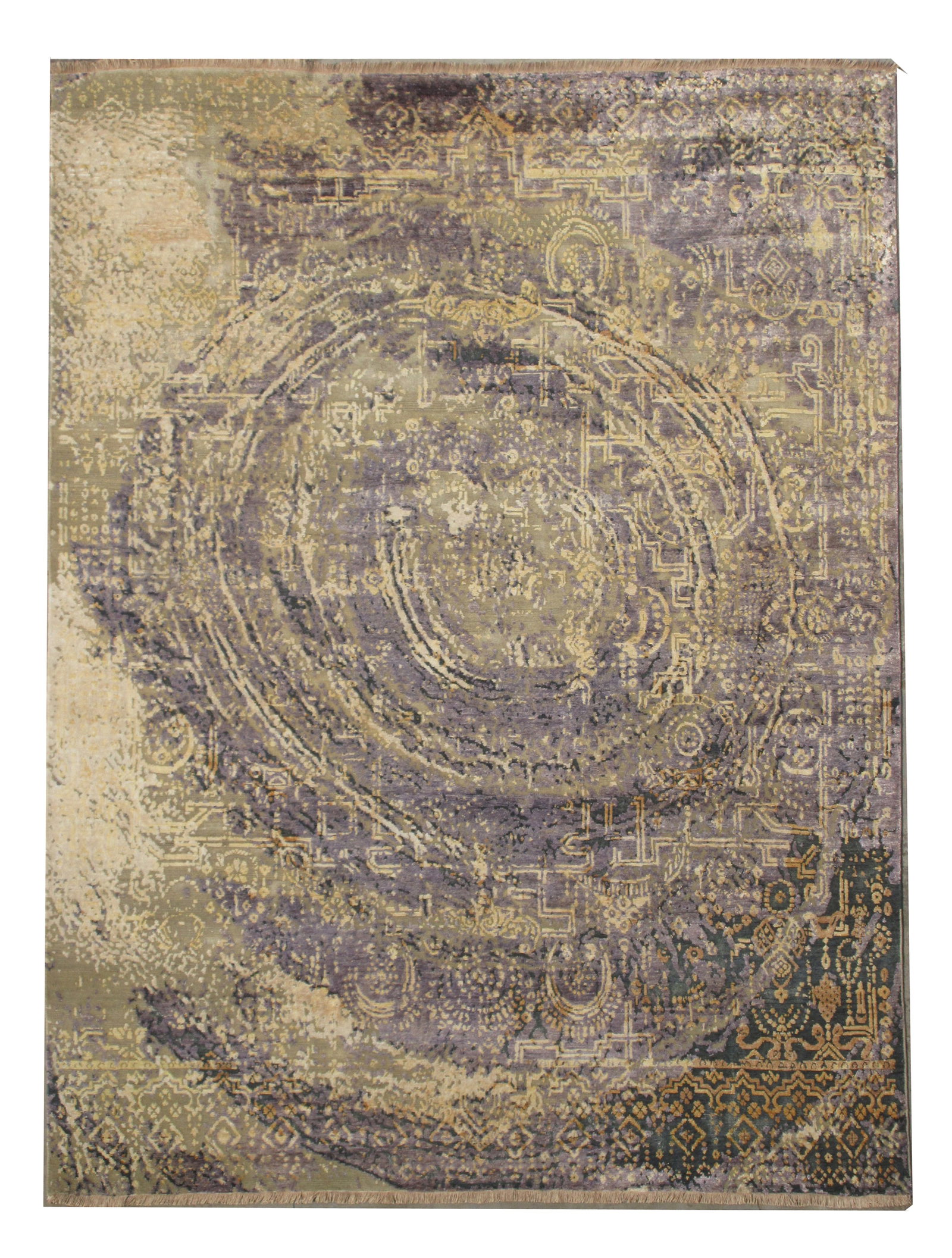 8X10 Oxidized Nepali Wool & Silk Rug: Hand-knotted wool & silk pile on a cotton foundation. Dimensions: 8'1" x 9'11" Origin: India Field Color: Multicolored Accent Colors: Gray-Blue, Charcoal, Yellow SKU: