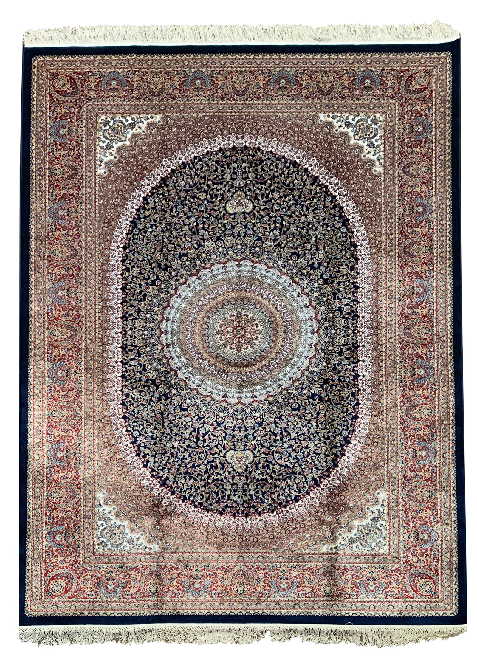 5X8 Pure Silk Turkish Tufted Area Rug, 1000 KPSI: Tufted art silk pile on a art silk foundation. (1000 KPSI) Dimensions: 5'1" x 7'7" New Origin: Turkey Field Color: Navy Border Color: Red-Rust Accent Colors: Ivory, Beige, Blue, Gray SKU: 106.17-01.05