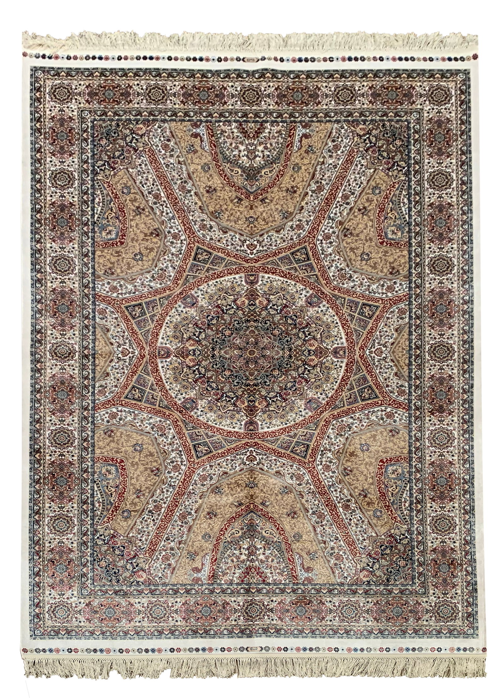 5X8 Turkish Tufted Pure Silk Rug, 1000 KPSI: Tufted art silk pile on a art silk foundation. (1000 KPSI) New Dimensions: 4'10" x 7'7" Origin: Turkey Field Color: Ivory Border Color: Ivory Accent Colors: Beige, Cream, Navy, Red, Blue SKU: 106.21-0