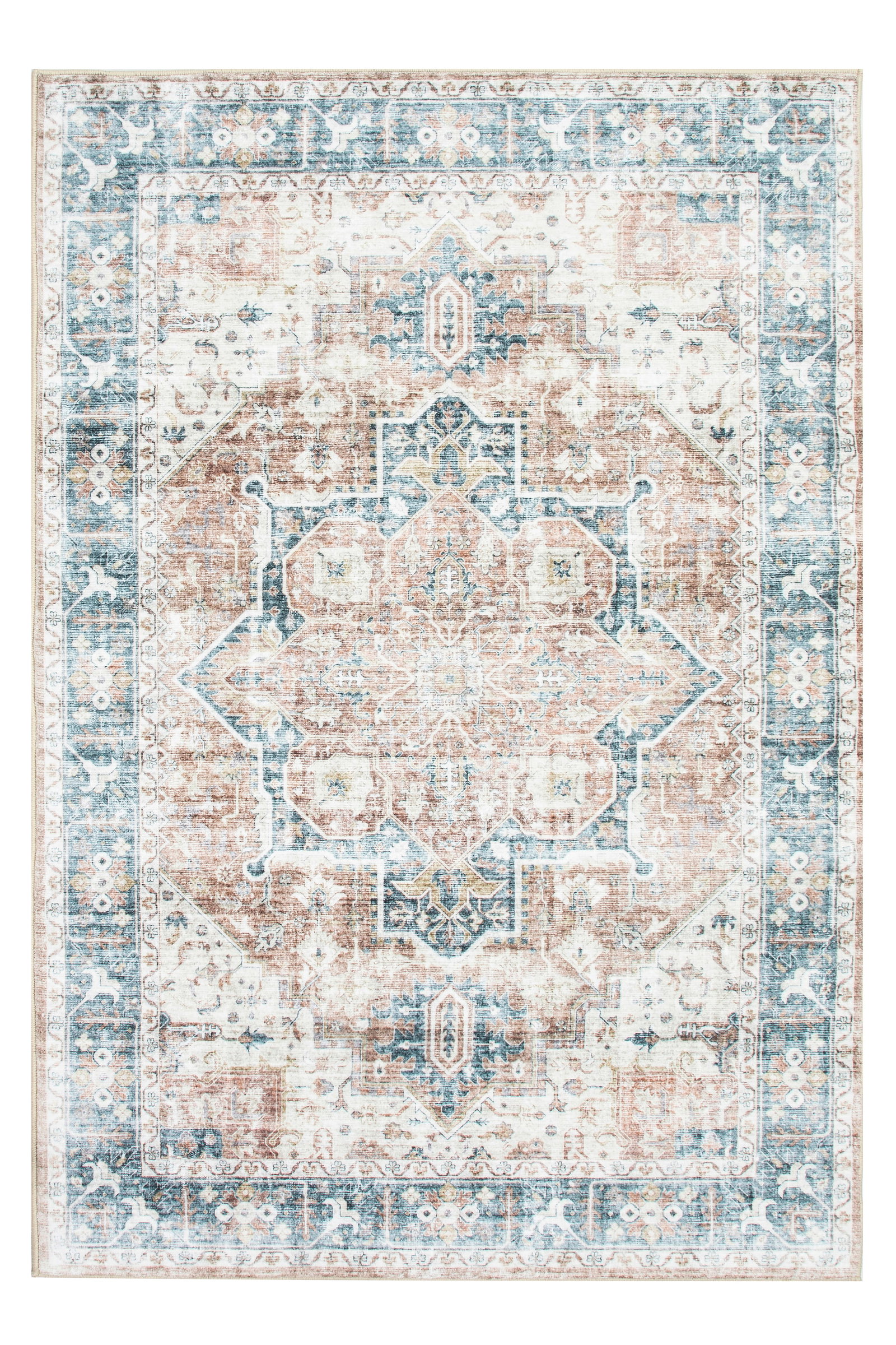 8X10 Heriz Premium 1/4" Pile Ultra Soft Rug with Non-Slip & Padded Backing: Premium ultra soft 1/4" pile with non-slip padded backing. 8X10 New Origin: China Field Color: Ivory Border Color: Blue Accent Colors: Rust, Golden-Brown Tufted art silk pile on a non-slip polyester f