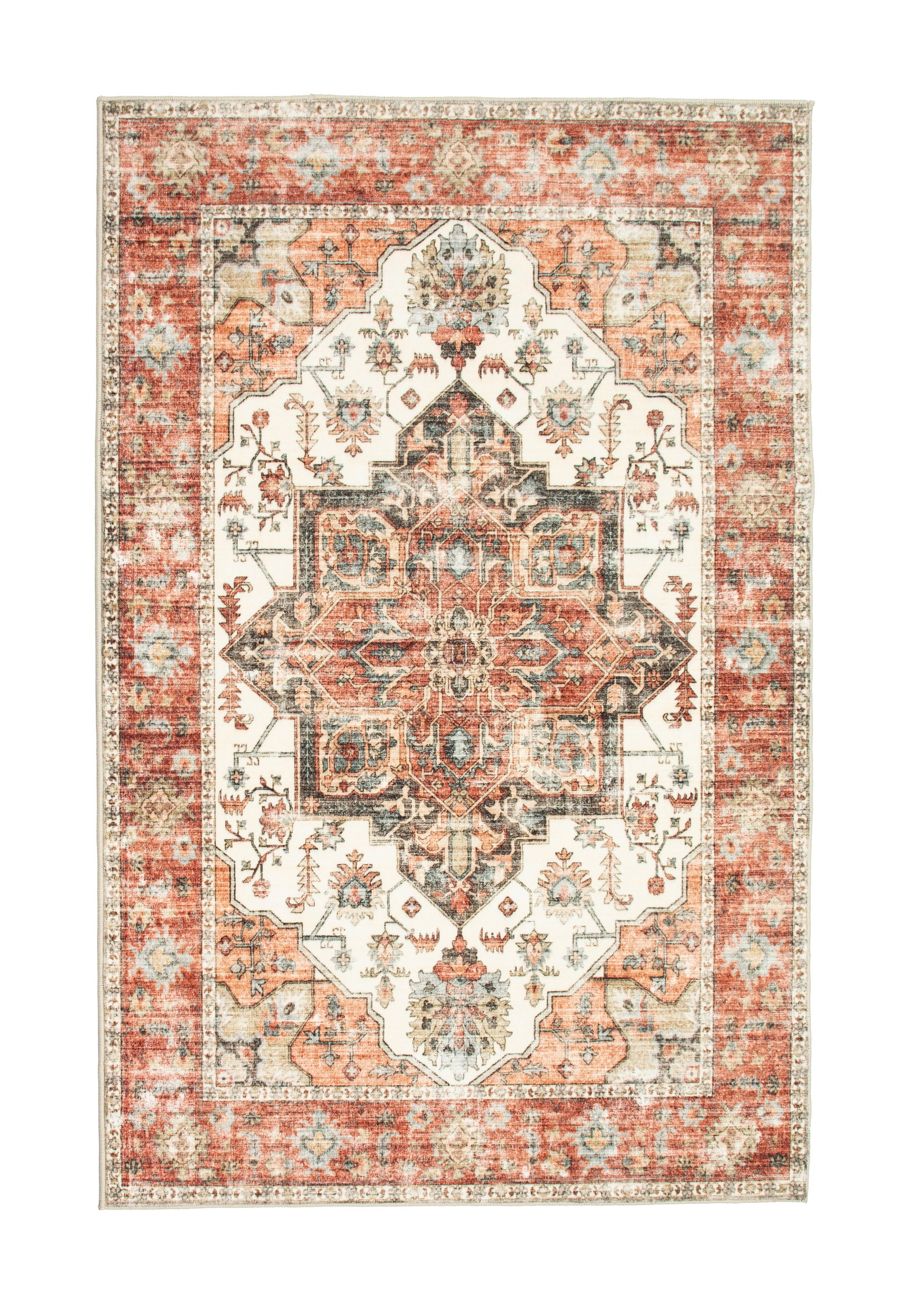 3X5 Serapi Premium 1/4" Pile Ultra Soft Rug with Non-Slip & Padded Backing: Premium ultra soft 1/4" pile with non-slip padded backing. 3X5 New Origin: China Field Color: Ivory Border Color: Red Accent Colors: Black, Gray, Orange, Brown Tufted art silk pile on a non-slip polye