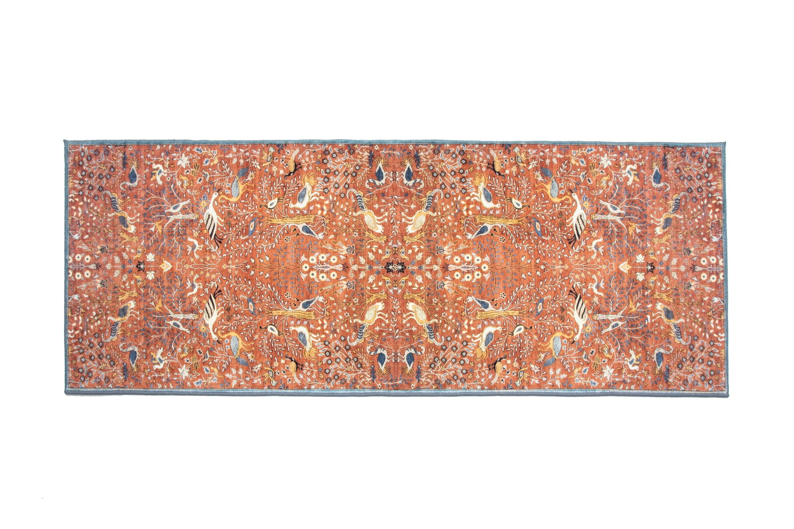 3X8 Burnt-Orange Birds Premium 1/4" Pile Ultra Soft Runner with Non-Slip & Padded Backing: Premium ultra soft 1/4" pile with non-slip and padded backing. 2'6" x 8' Origin: ChinaAge: New Condition: Excellent Field Color: Burnt Orange Border Color: Blue Accent Color: Blue, Ivory, Black, Yello