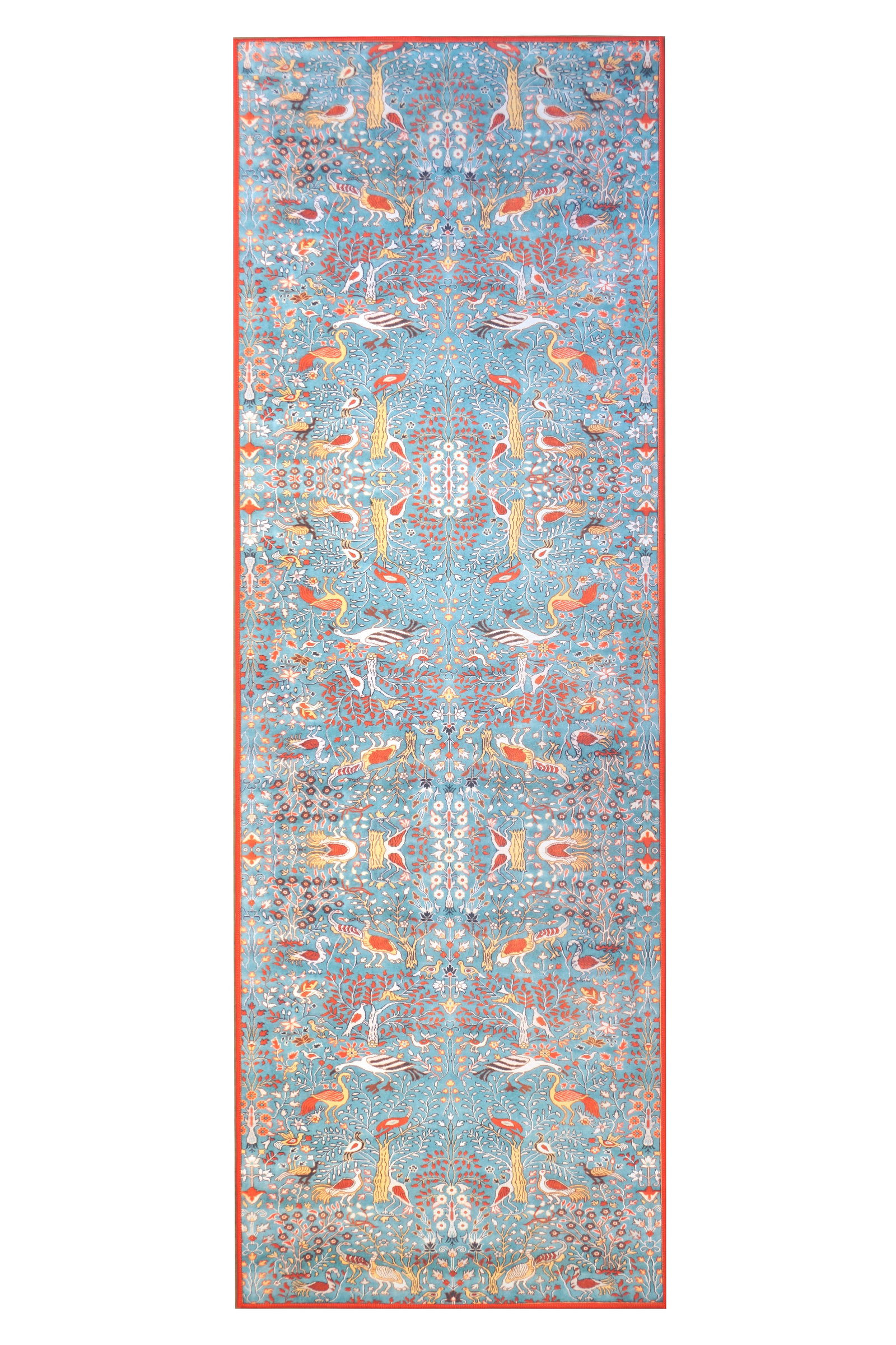 3X10 Modern Blue Bird Design Machine Washable Runner (2'6" x 10'): Machine Washable Approximate Dimensions: 2'6" x 10' Origin: China Field Color: Light-Blue Accent Colors: Red, Blue, Orange, Ivory, Yellow SKU: 96.12-01.16.23-3X10-5-AN143