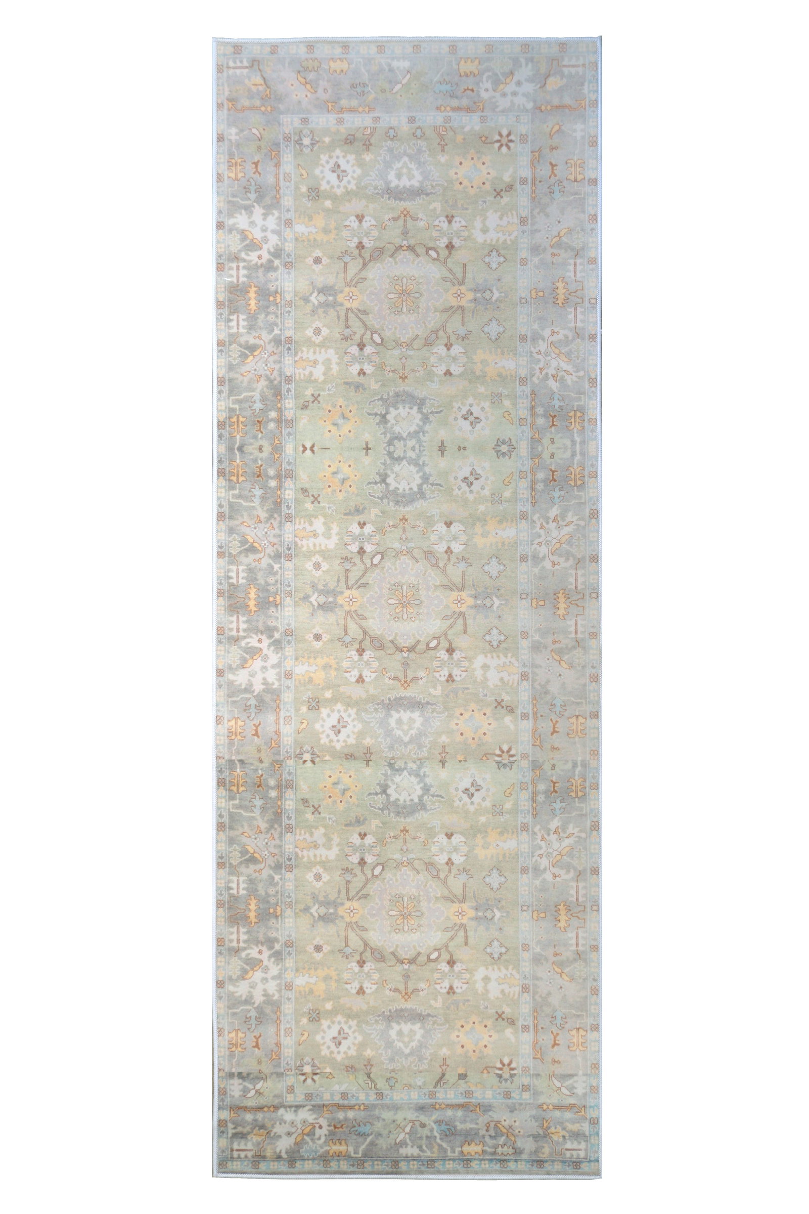 3X10 Green Oushak Machine Washable Runner (2'6" x 10'): Machine Washable Approximate Dimensions: 2'6" x 10' Origin: China Field Color: Light-Green Border Color: Gray Accent Colors: Brown, Ivory, Light-Blue, Rust SKU: 96.24-01.16.23-3X10-5-AN155