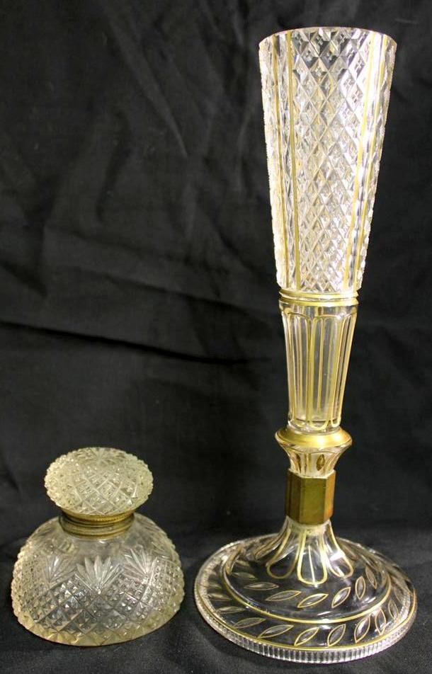 Antique Brilliant Cut glass Epergne vase & Inkwell: Antique Brilliant Cut glass lidded inkwell 3-1/4" by 3-1/2", antique brilliant cut glass epergne vase with gold gilt decoration , 11-1/2" by 4-1/2"..