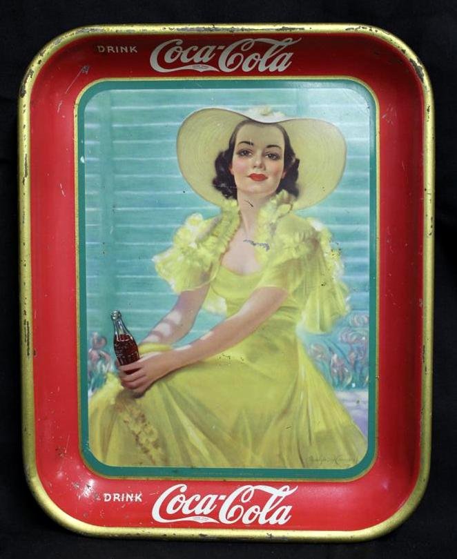 1938 Coca-Cola Serving Tray American Art Works: An original not reproduction 1938 Tin Lithographed serving tray. Has the Drink Coca-Cola slogan. Marked the coca-cola company 1938-american art works inc. Girl in yelow dress. In original untouched co