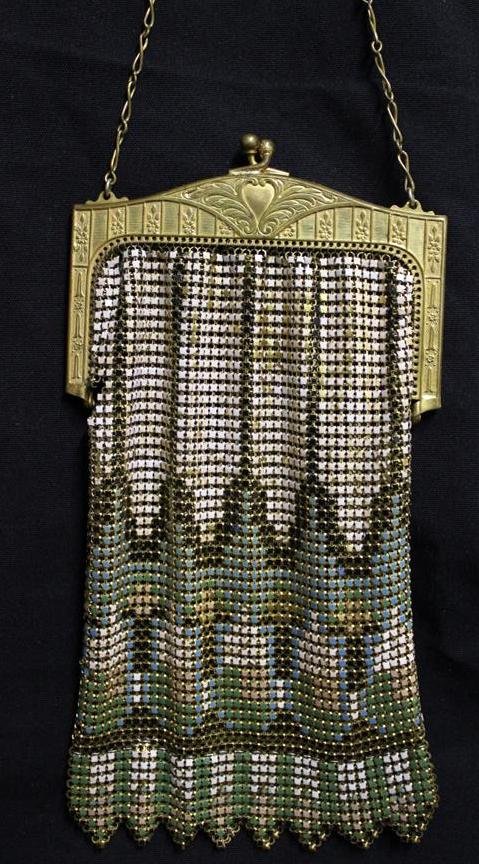 Art Deco Whiting & DavisEnamel Gold Mesh Purse: Gorgeous antique Art Deco 1920's Whiting & Davis Mesh Purse. Enemaled with various geometric patterns to the mesh. Gold Gilt brass top with flowers & scrolls. Original chain. Unmarked but listed in Ri
