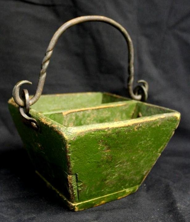 Antique Primitive Green Painted Wood Bucket Iron: This is a fantastic antique original primitive wooden divided bucket or carrier. It has the original deep green paint with an old original hand wrought iron twisted handle and loop for handle mounts. 