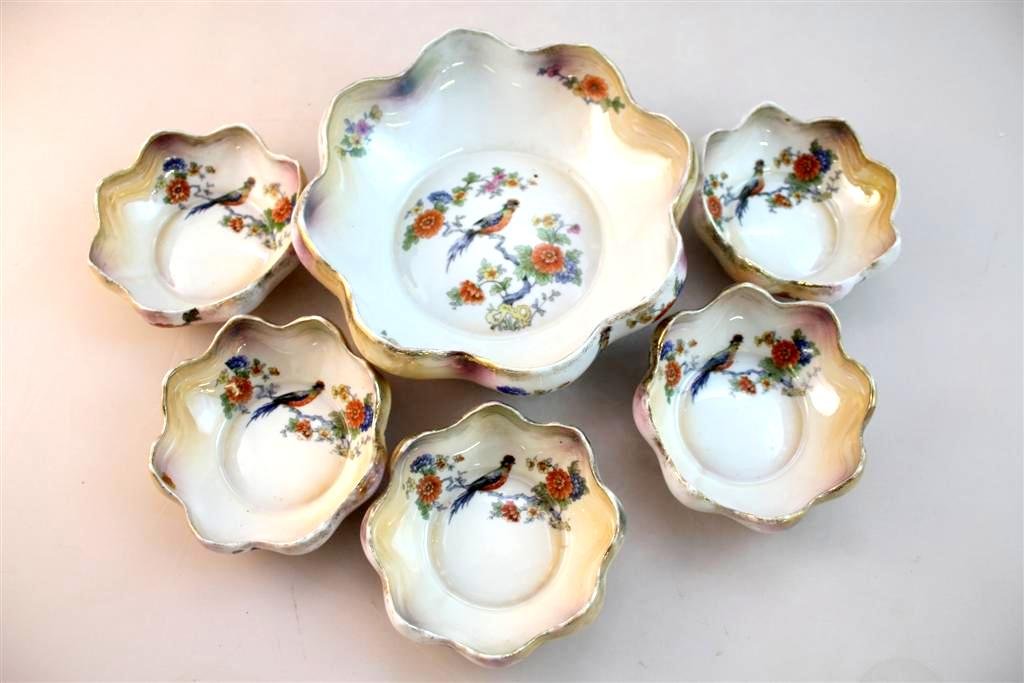 Antique Steinmann Germany Berry Bowl Set: Beautiful Floral & Bird Decorated Lustreware berry bowl set. Made by the Steinmann porcelain factory in Silesia Germany. Circa 1900. Master bowl and 5 berry bowls. Large bowl measures 8" by 2-3/4".