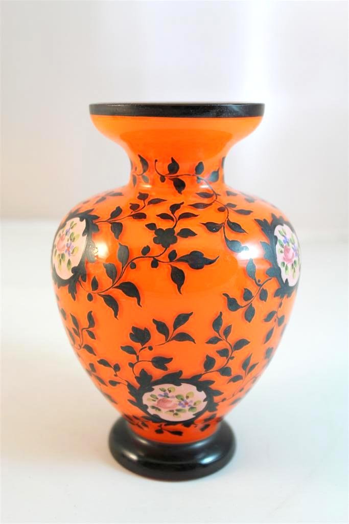 Czech Art Deco Enameled Tango Glass Vase: A gorgeous Antique 1920's Art Deco Art Glass vase. Made & Signed Czechoslovakia. A beautiful orange tabgo colored glass. Hand enamel decorated with black floral design & panels of floral polychrome en