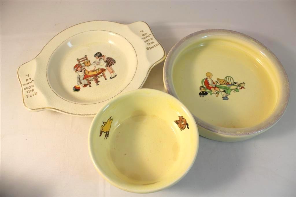 3 Vintage Art Deco 1930's Childs Bowls pottery: a group of three antique 1930's-40's american pottery child's bowls. Two made by the crown potteries company and one made by the Salem company. All three with nice child's style decorations. 5” diam