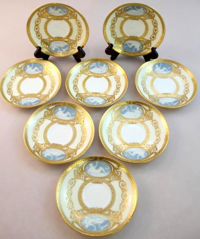 Mintons Tiffany & Co Pate Sur Pate Plates: Stunning set of 8 beautiful Mintons porcelain saucer plates made for Tiffany & Co. Circa late 1800's. In a gorgeous gold gilt & sky blue design with Art Nouveau Figural scenes of cherubs and figures. 