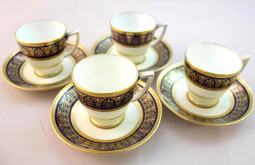 Mintons Demitasse Cups Saucers Cobalt Gold: Beautiful set of 4 antique Circa 1900 Mintons Cobalt & Gold Encrusted Demitasse Cups & Saucers Measure 2-1/4” cups 4-1/2” saucers