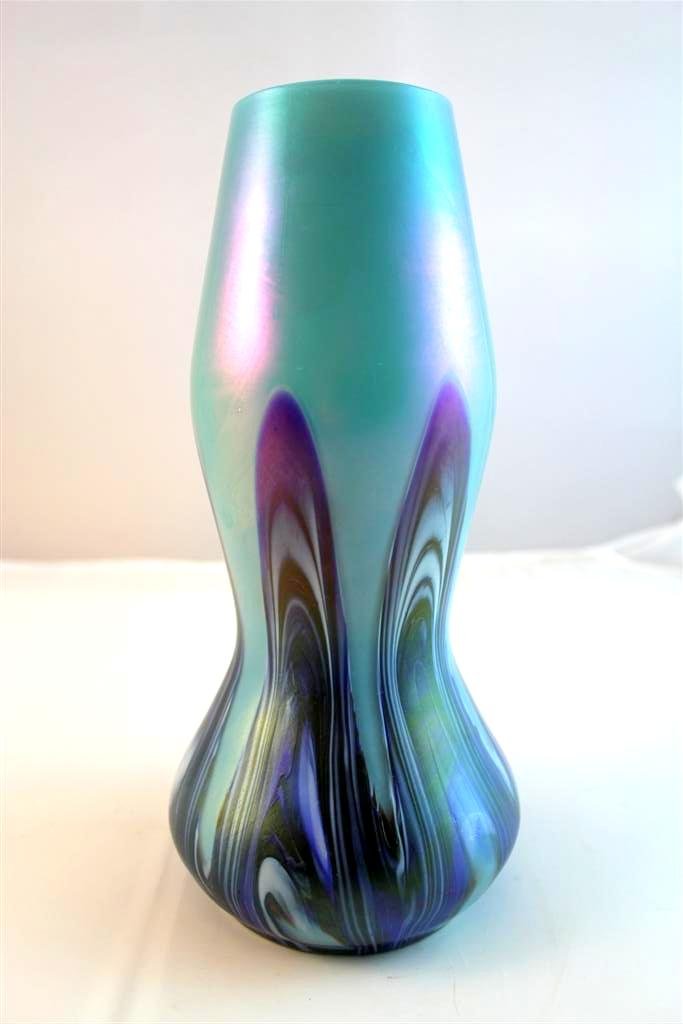 Czech Rindskopf Cloud Glass Cased Vase: A fantastic vintage Czech Glass loetz Era Iridescent Cloud glass vase. Marbleized in a light blue and swirled design. Made by the Rindskopf glass factory. Measures 10” by 4-1/2'