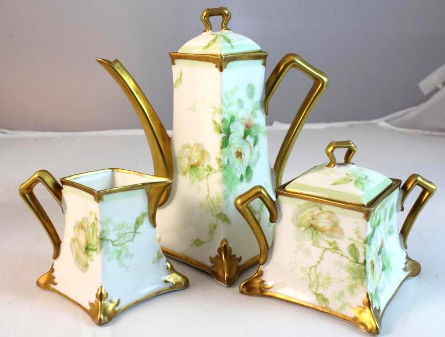 antique old abbey limoges tea set floral painted: beautiful three piece squared Art Deco form tea set. Made in Limoges France by the Old Abbey company. Hand painted with a beautiful floral design. Heavyu gold gilt areas as well. Measures 6-1/2” by 