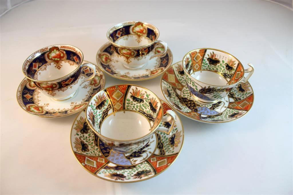 Spode & royal Albert painted cups saucers: gorgeous antique spode highly decorated staffordshire cups and saucers, and a pair of antique royal albert china heavily painted gilt cups & saucers.