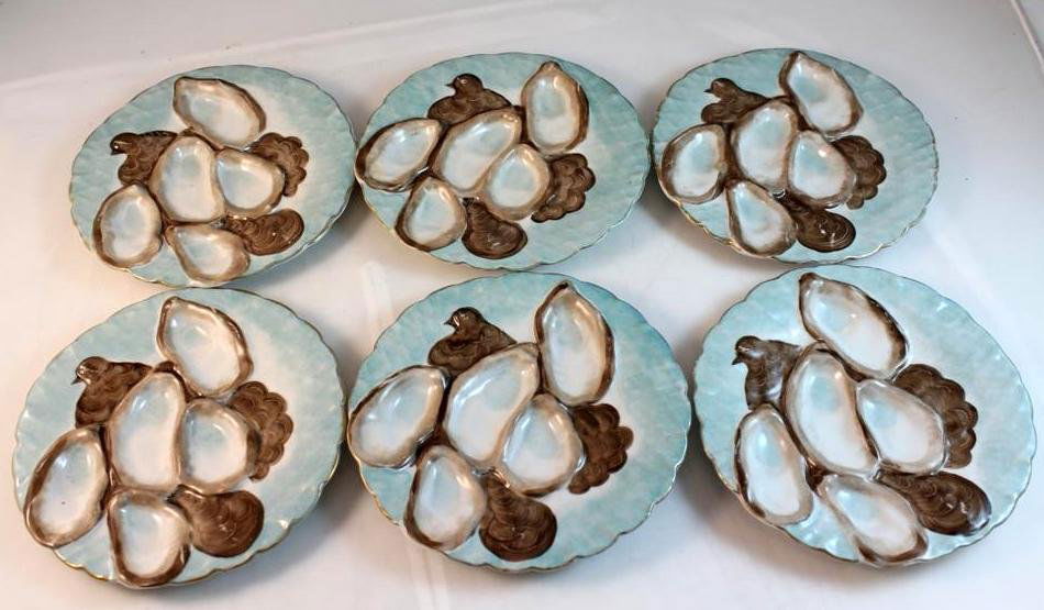 Haviland Limoges French Turkey Osyter plates: Beautiful set of 6 hand painted antique Haviland limoges french porcelain oyster plates. In the famous Turkey pattern. Nicely hand painted in great condition. NOT reproductions. Measure 7-1/2”