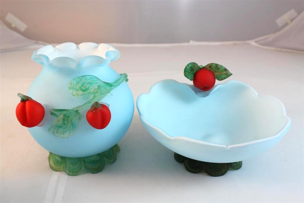 Pair of Victorian Satin Glass Bowls Cherries: A beautiful pair of Victorian period glass bowls. Both in a satin soft blue cased glass with an applied red cherry decoration. Most likely Stevens & Williams glass. One a rose bowl measures 4” and t