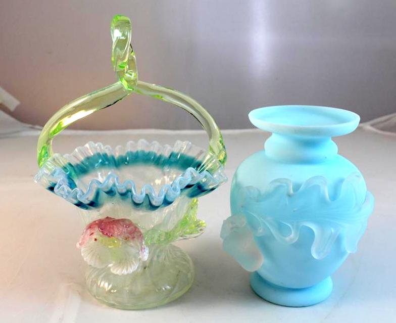 Stevens & Williams Victorian Basket & Vase: A gorgeous Pair of Victorian glass items. A beautiful opalescent striped basket with applied flower and twisted lime green handle. Satin blue glass vase with clear frosted applied leaf & acorn. Basket