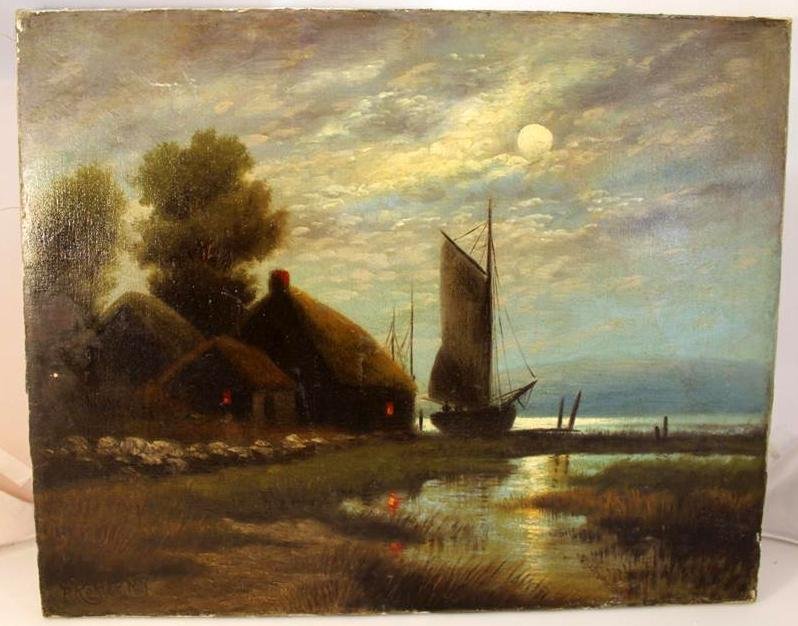 19thC Hudson River School NY painting Landscape: Beautiful antique 19th Century Hudson River School style painting. Done in the design of the School. Signed P./ Kohler N.Y. Oil on canvas which has been remounted on a newer canvas and stretcher beaut