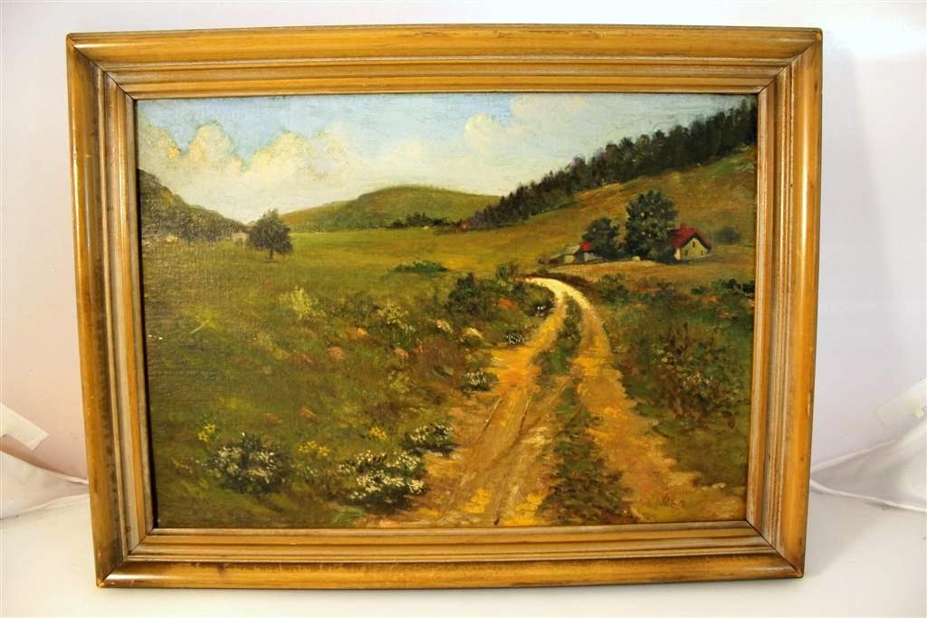 Rossi Pennsylvania Landscape Impressionist: A gorgeous oil on board antique landscape painting. In the Impresionism style with a dirt path leading to the hills. With gorgeous bright blue sky and clouds. Signed on the front J.G. Rossi. Possibly 