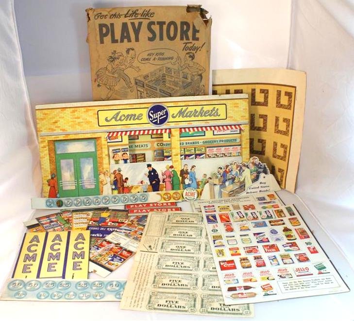 Antique 1940's-50's Acme Play Store Game: A fantastic vintage & RARE Play Store toy or game. The Acme Store in original unplayed with new old stock condition. Never used. Comes with what appears to be all the pieces. Money building supplies a