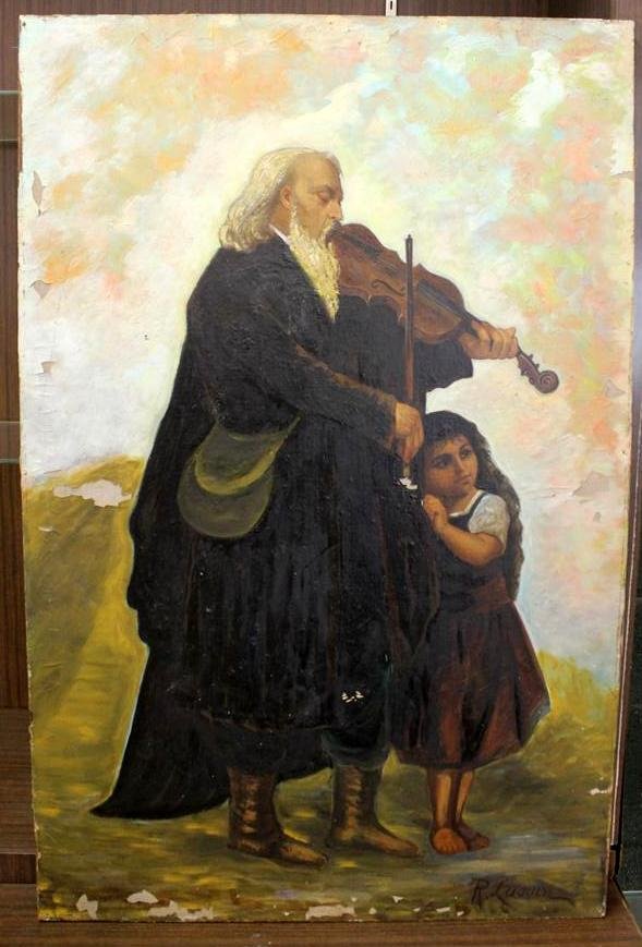 R. Lussin Russian Violinist & Daughter Oil Painting: Beuatiful Mid 19th Century oil painting on canvas. Which has been no mounted on board. It is of a wonderful older man an itinerant man playing a violin while his daughter at his legs listens. Beautifu