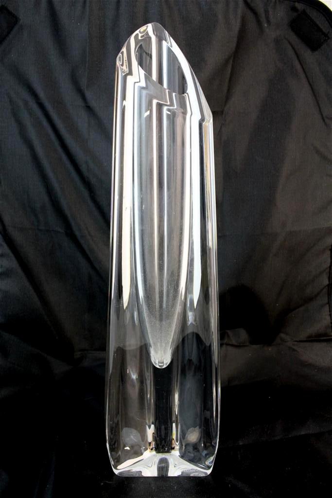 Modern Design baccarat French Crystal Tall Vase: A high quality French crystal vase by baccarat. A molded crystal form in a modernist style. A three sided piece with a slant cut top. Signed on the front Baccarat & acid mark on the bottom with the ro
