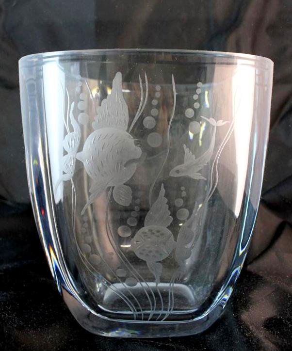 Vintage Stromberg Swedish Modernist Art Glass Vase: Mid Century Period Modernist style designed glass vase. A super thick heavy glass vase. Signed by the Stromberg glass factory in Sweden. Engraved by hand with a underwater scene of fish and seaweed. m