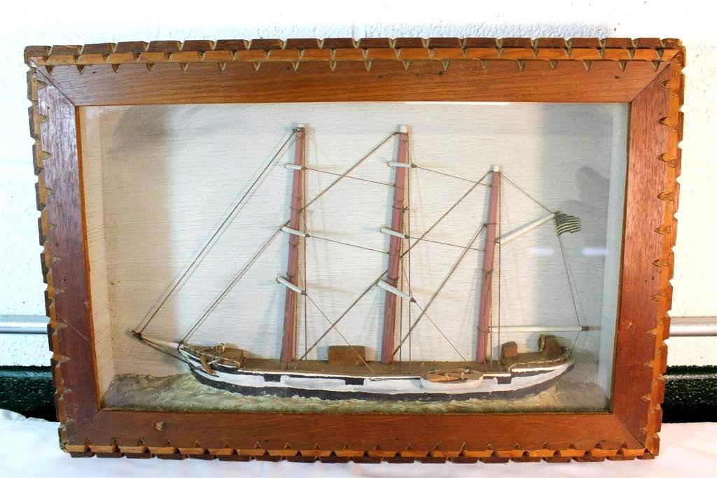 Charles W Morgan Sail Ship Boat Diorama Shadow Box: A wonderful early hand made Folk Art Shadow Box Sail Ship Diorama. It is a model of the ship Charles W Morgan. It is framed in a shadow box behind glass. Hand painted. It is framed with a three layer