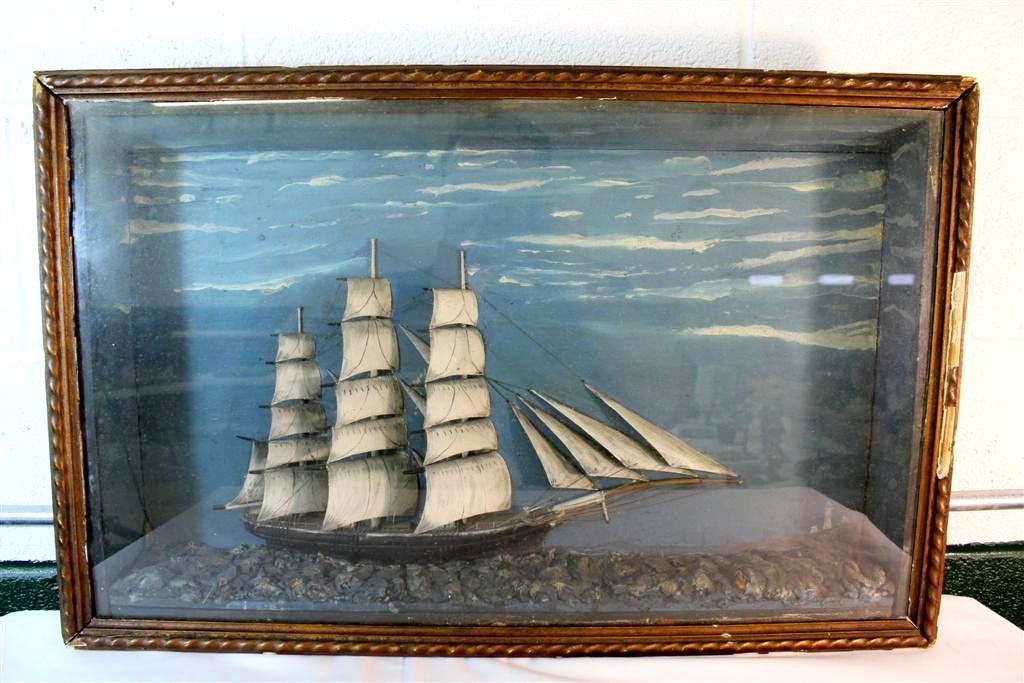 19thCentury Victorian Sail Ship Tall Shadow Box Di: A gorgeous antique 19th Century Victorian Period Shadow Box Diorama of a large tall Sail Ship. A hand made hand painted scene with a large ship with lots of large sails. A nighttime scene with clouds