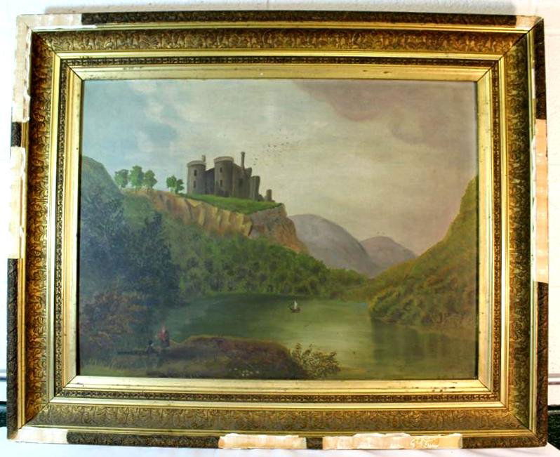 19th Century Oil on Canvas Painting Castle Landsca: a nice signed antique oil on canvas wrapped board. Circa mid to late 19th Century. Landscape scene of a lake or river with a few figures in the foreground, a small sail boat in the middle of the water