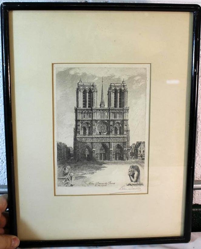 Leon Salles Original Etching Notre Dame De Paris F: An original pencil signed Leon Salles B.1868-d.1950 French Etching. Of the Notre Dame De Paris Cathedral. Signed in the lower right. Initialed in the lower left in the plate. Titled. Framed in an orie