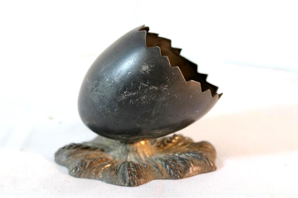 Victorian Silverplate Egg Match Holder Toothpick: Wonderful Whimsical antique 19th Century Victorian period silverplate toothpick or match holder. In the form of a cracked or hatched egg shell on a base of various leaves. Measures 2-1/2" by 2-3/4" un