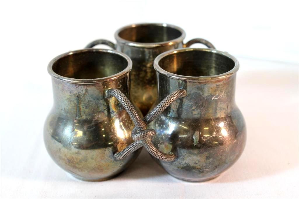 Vintage Andover Hall Silverplate Toothpick Match S: Beautiful Andover Hall Silverplate Company toothpick or match holder. A very unique three vessel piece with metal ropes holding them together. marked on the bottom. Beautiful form. measures 2" by 3-1/
