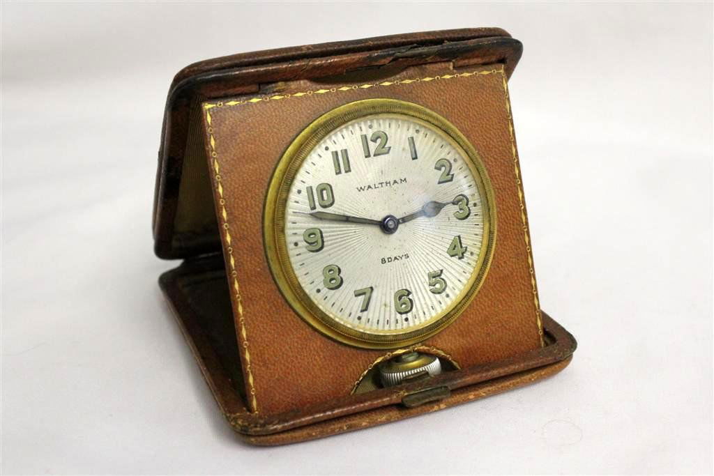 Vintage Waltham Leather Travel 8 Day Alarm Clock