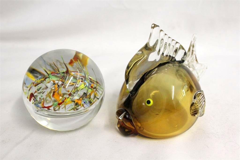 Pair of Vintage Art Glass Paperweights Fish Abstract: A beautiful pair of vintage glass paperweights. One a ball form with multi colored glass inside with a bubble ring underneath them, Unmarked, polished flat bottom. Very nice. Murano style blown glass