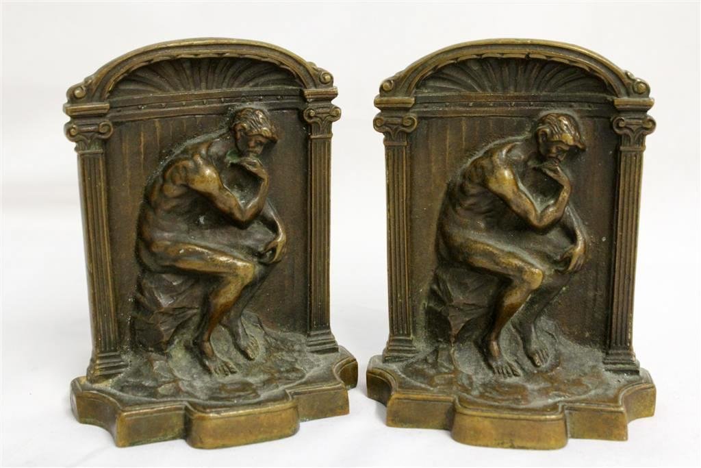Circa 1925 The Thinker Solid Bronze Bookends Art Deco: Pair of antique Circa 1925 Solid Bronze “The Thinker” Bookends. Art Deco profile of the thinker. Measures approx. 5-1/2” Marked solid bronze on the backside.