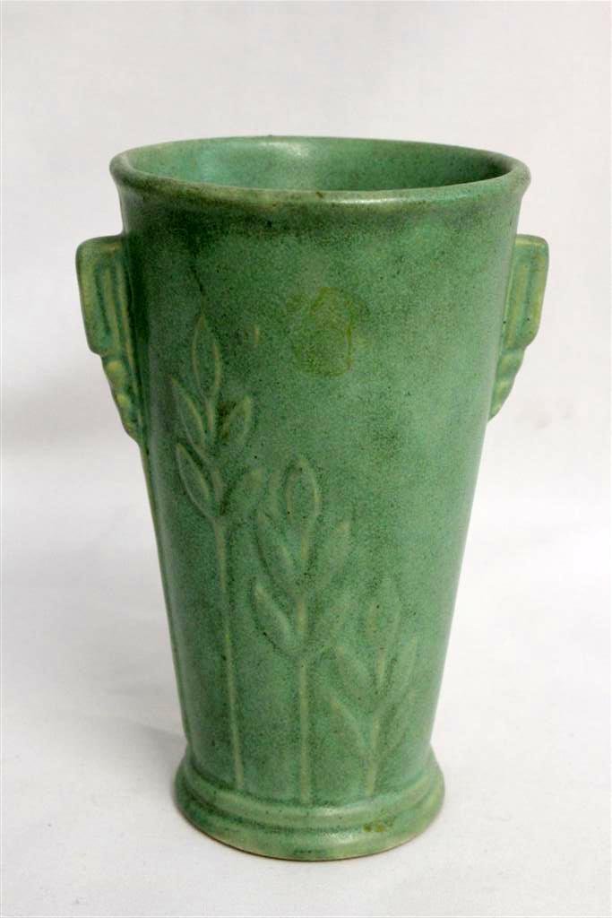 Vintage Matte Green Art Deco Art Pottery Vase #586: Beautiful little Art Deco stylized American Art Pottery Vase. Made most likely in Ohio possibly by one of the companies like Weller or McCoy. It is marked on the bottom with the shape number either 53
