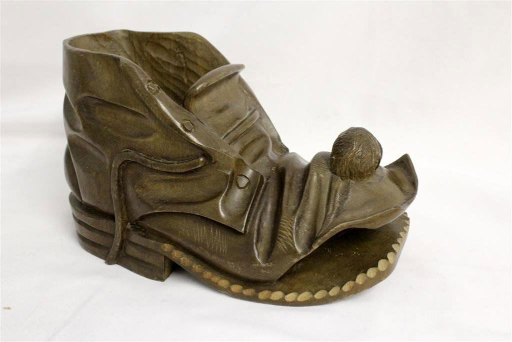 Antique German Black Forest Carved Woden Shoe Mouse: This is a great antique wooden shoe or boot. Hand carved in Black Forest German Wood. All one solid chunk carved beautifully in the form of a very well worn boot/shoe. It also has a mouse carved into